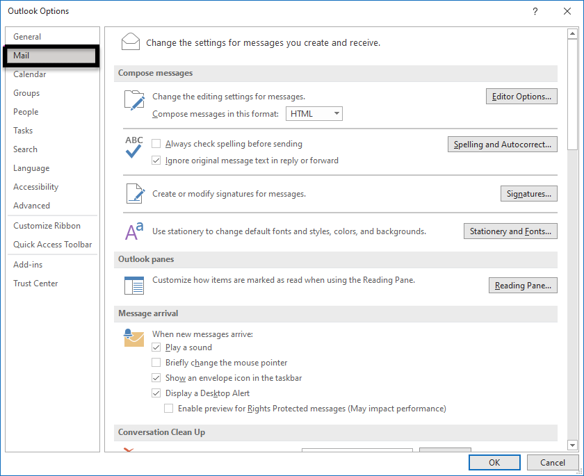 Outlook Options and Mail